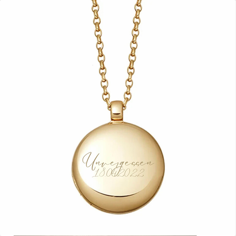 Fotomedaillion Edelstahl Gold Rose Vergoldet Trauerschmuck Erinnerungsschmuck Personalisierter Anhaenger Individuelle Gravuren Fotogravur Fotoschmuck