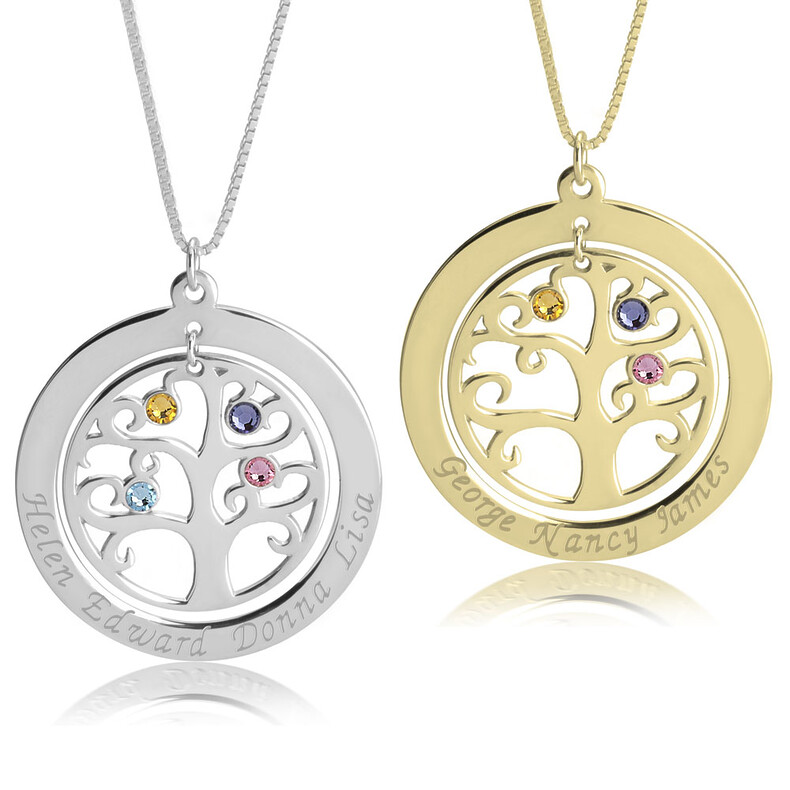 Lebensbaum Schmuck Family Tree Birthstone Zirkonia Geburtssteine Erinnerungsschmuck Familienschmuck Trauerschmuck Personalisierte Anhaenger Silber Individuelle Gravur
