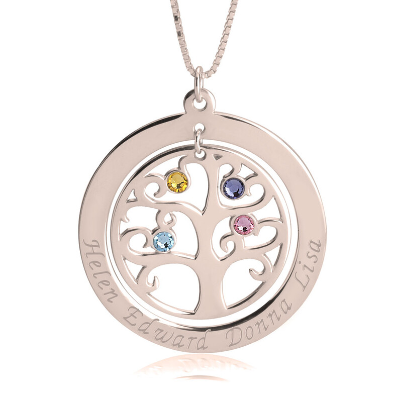 Lebensbaum Schmuck Family Tree Birthstone Zirkonia Geburtssteine Erinnerungsschmuck Familienschmuck Trauerschmuck Personalisierte Anhaenger Silber Rose Gold Individuelle Gravur