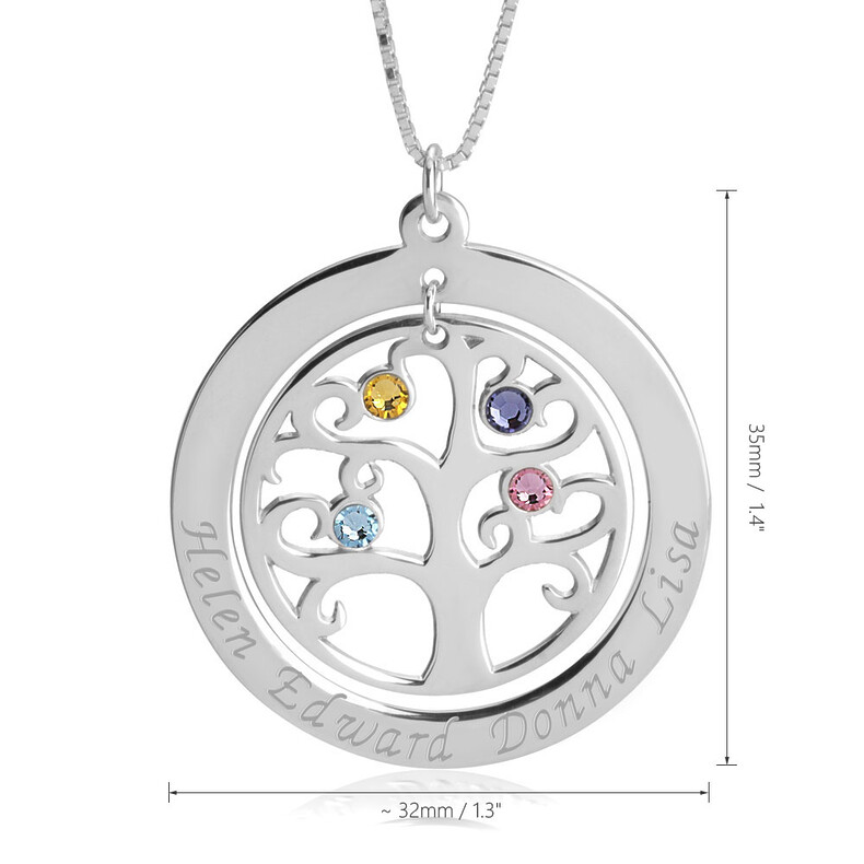 Lebensbaum Schmuck Family Tree Birthstone Zirkonia Geburtssteine Erinnerungsschmuck Familienschmuck Trauerschmuck Personalisierte Anhaenger Silber Rose Individuelle Gravur