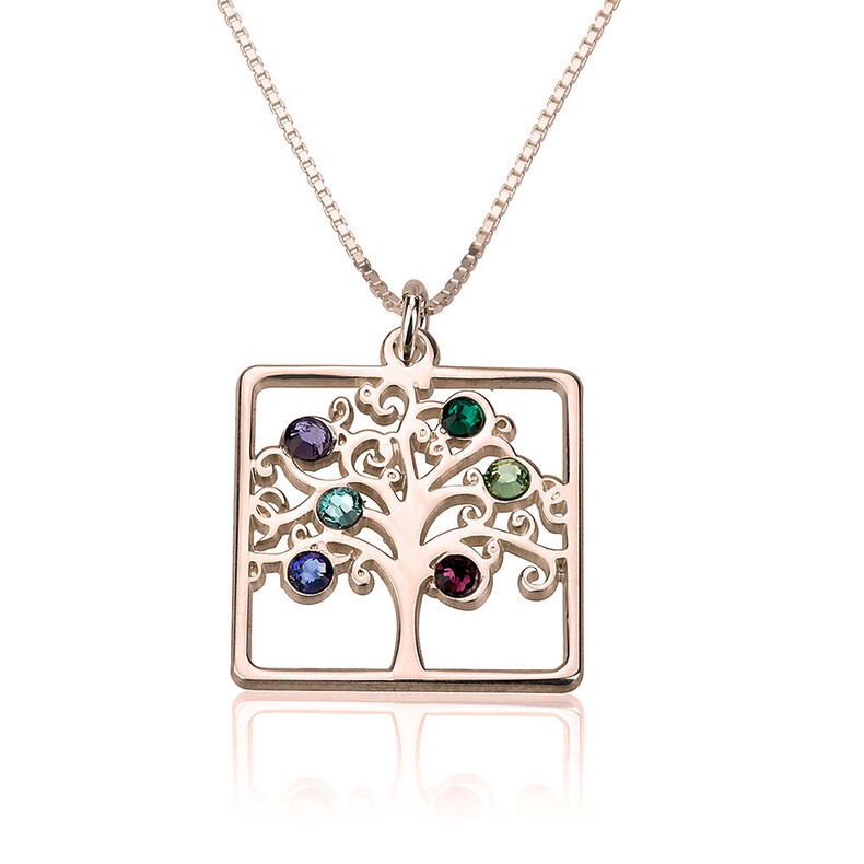 Quadrat Birthstone Lebensbaumkette Family Tree Anhaenger Geburtsteinen Individuelle Anfertigung Erinnerungsschmuck Gedenk Trauer Liebesschmuck Rose