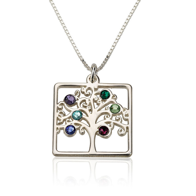 Quadrat Birthstone Lebensbaumkette Family Tree Anhaenger Geburtsteinen Individuelle Anfertigung Erinnerungsschmuck Gedenk Trauer Liebesschmuck Silber
