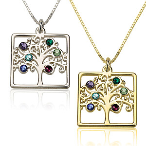 Quadrat Birthstone Lebensbaumkette Family Tree Anhaenger Geburtsteinen Individuelle Anfertigung Erinnerungsschmuck Gedenk Trauer Liebesschmuck Silber Gold