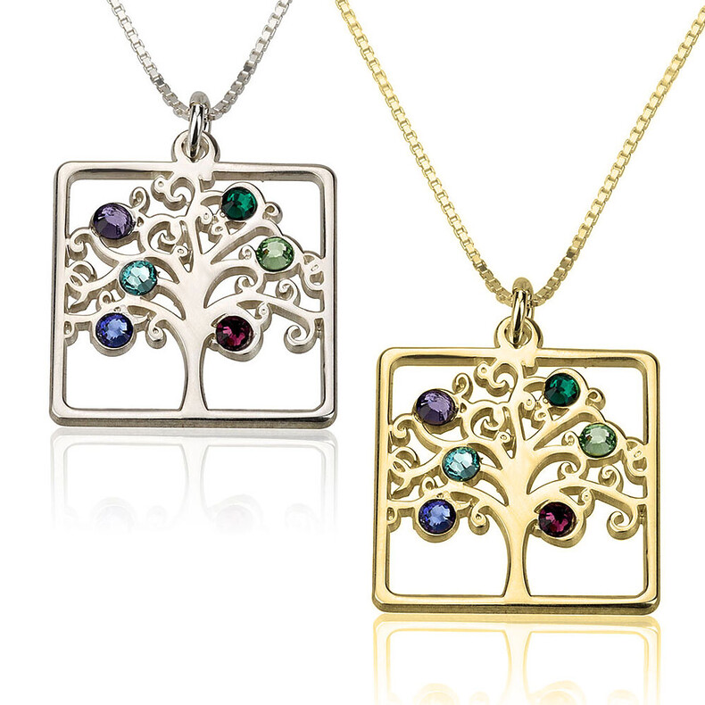 Quadrat Birthstone Lebensbaumkette Family Tree Anhaenger Geburtsteinen Individuelle Anfertigung Erinnerungsschmuck Gedenk Trauer Liebesschmuck Silber Gold