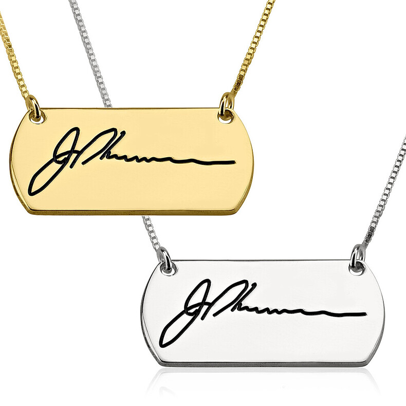 Signatur Kette Bar Erinnerungsschmuck Unterschrift Individuelle Gravur Widmung Personalisiert Maennerkette Trauerschmuck Gedenk Andenken Papa Opa Tot Rose Gold Silber