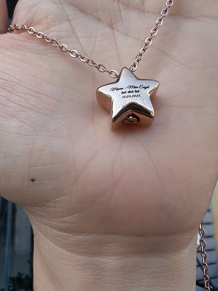 Urnenschmuck Rose Gold Asche Stern Individuelle Gravur Kette Anhaenger Fuss Handabdruck Personalisiert Fingerabdruck Fingerprint Erinnerungsschmuck Trauer Andenken
